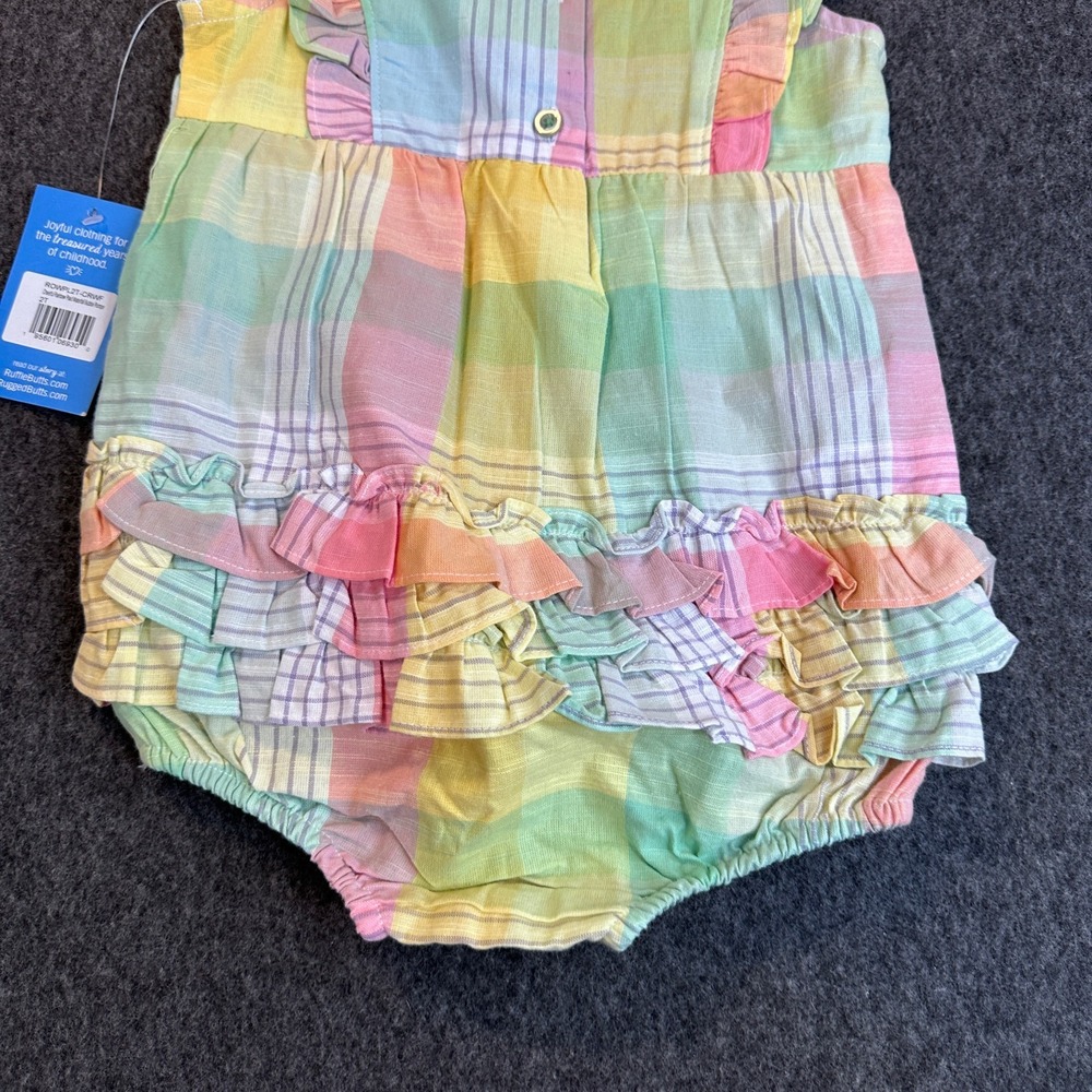 NEW RuffleButts Girls Romper Rainbow Gingham Plaid Size 2T Snap Ruffle Butts - Picture 7 of 14